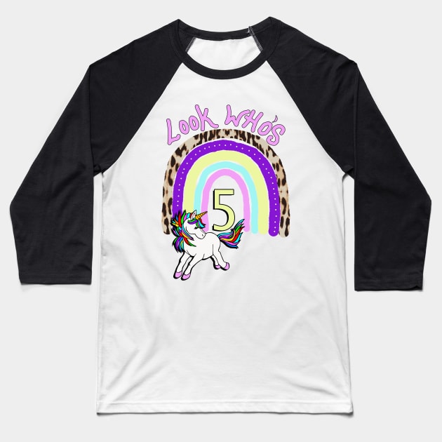 Birthday 5 Year Old Rainbow & Unicorn Baseball T-Shirt by tamdevo1